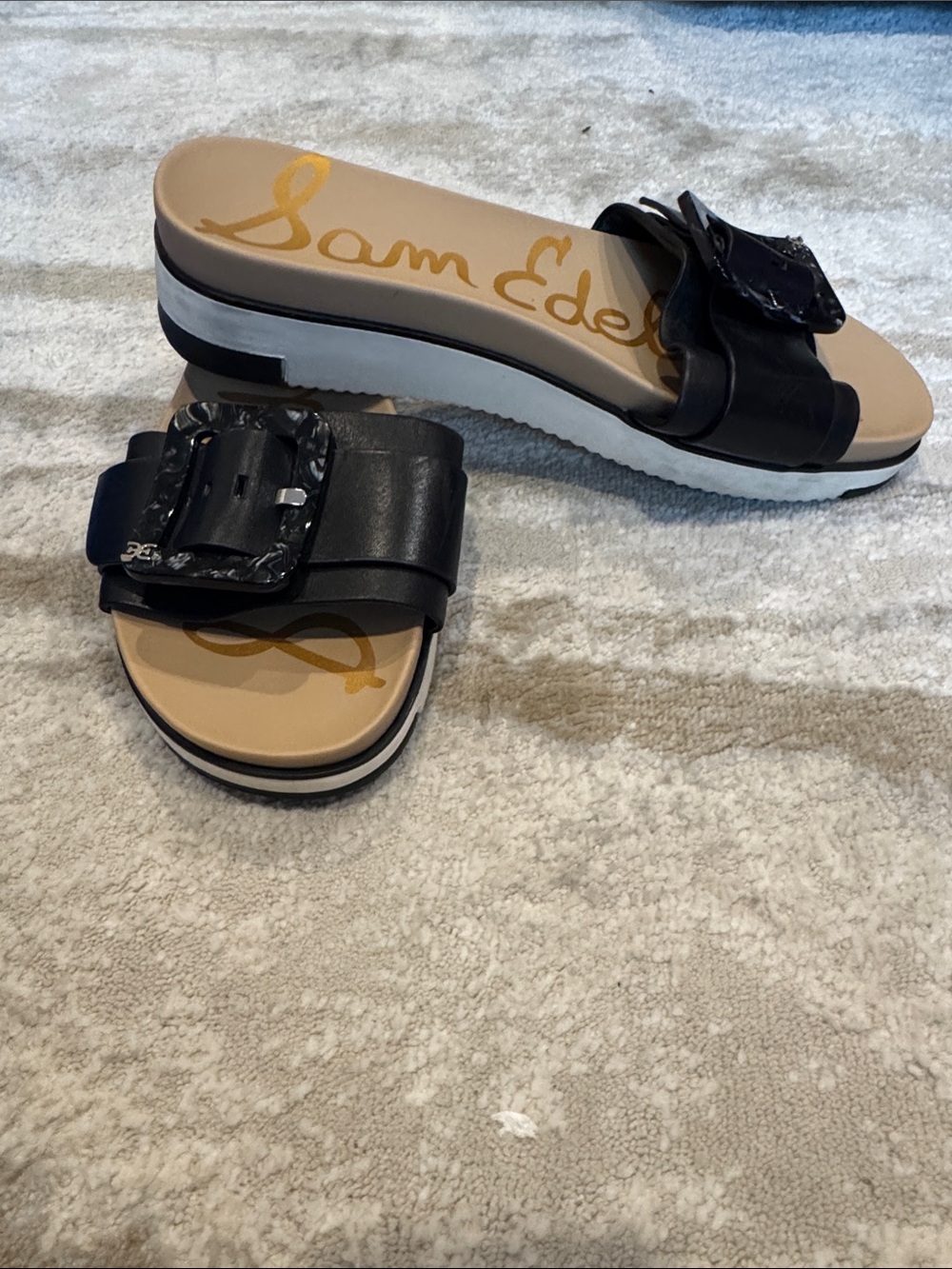 Sam Edelman Black Leather Buckle Platform Slide Sandals - Picture 2 of 8